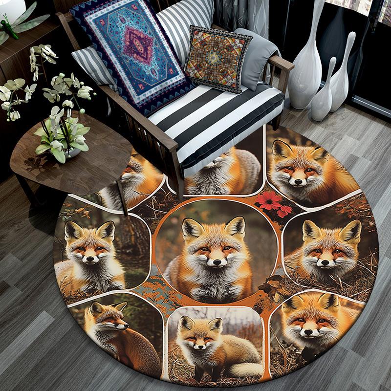 Foxes Round Area Rug,Carpet Rug for Living Room Bedroom Sofa Playroom Decor,Non-slip Floor Mat
