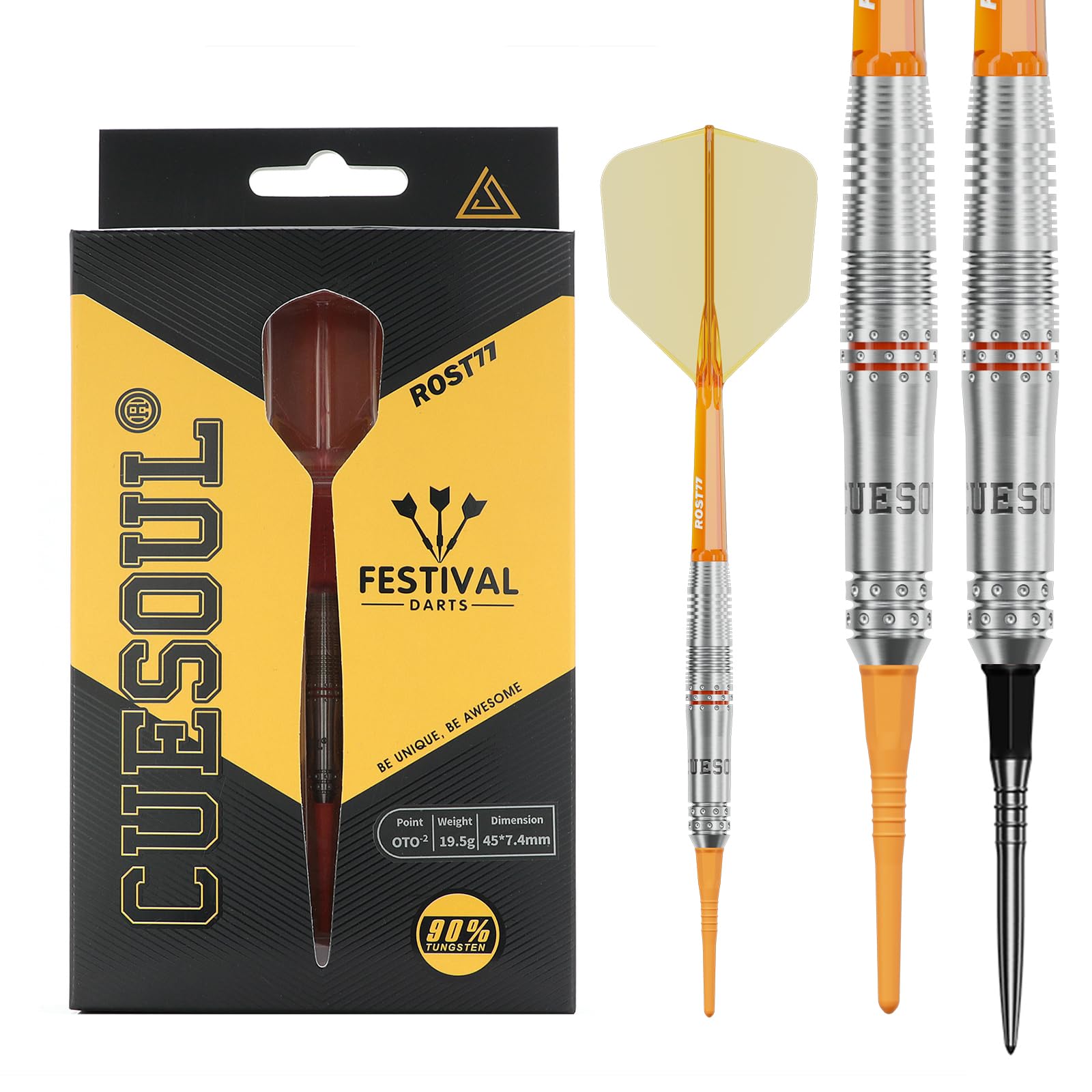 

CUESOUL FESTIVAL Series 90% Tungsten Darts Set OTO Small Thread Tip Barrel 19.5g orange soft tip CSDP-BS116-M2