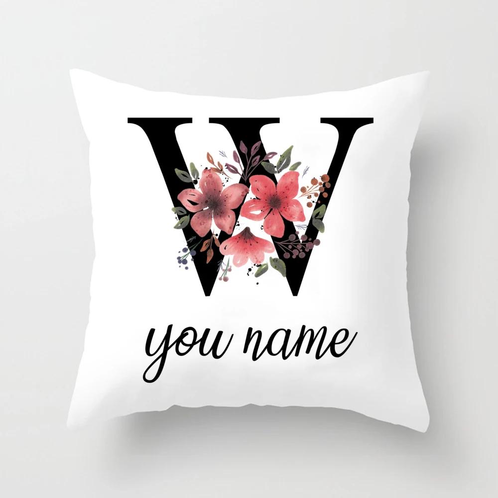 Personalized Name Flower Letter Pillow Case Alphabet Print White Square Pillow Case Dust Cover Bedroom Party Decoration