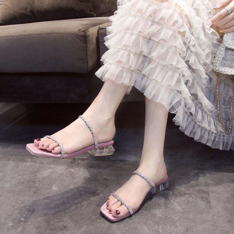 

Летние модные новые повседневные тапочки с квадратным носком и кристаллами, однотонные женские сандалии на низком каблуке, сексуальные удобные банкетные туфли на высоком каблуке 41