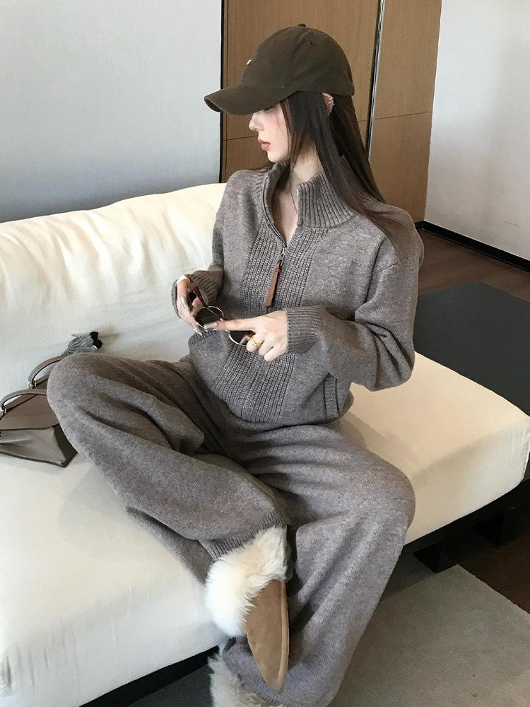 Autumn & Winter Korean-Style Thick Cardigan & Wide-Leg Pants Knit Two-Piece Set
