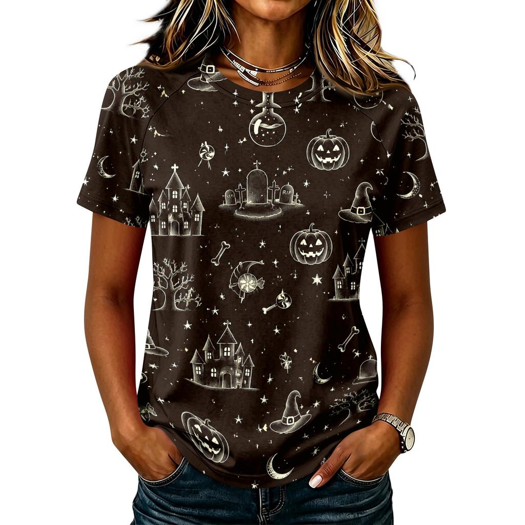 Women Raglan Sleeve Casual Short Sleeve Top Halloween Print Round Neck T Shirt Lightweight Comfortable Fit