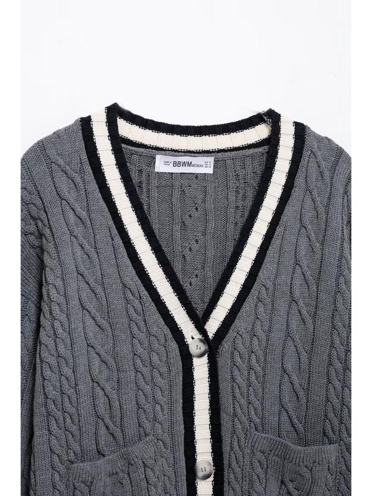 European & American Style Pocket V-neck Cable Knit Cardigan - Women's Spring 2025 Collection