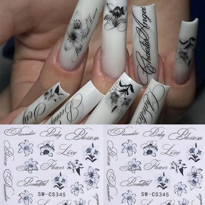 2pcs Lily Letter Nail Stickers, Elegant Black and White Ink Painting Style Flower and Letter Patterns Self-adhesive Nail Decals