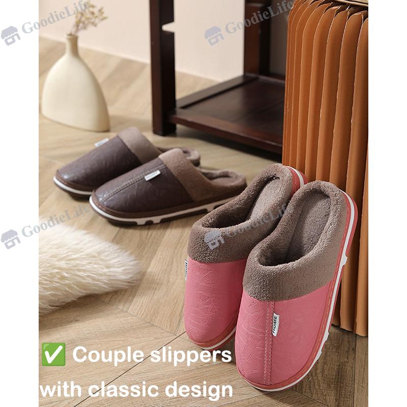 New Winter Couple Slippers  PU Leather Indoor Anti Slip Warm House Shoes