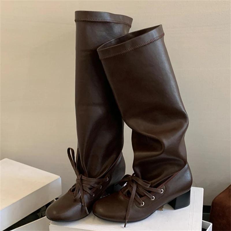 

Eilyken Fashion Lace-up Woman Knee-High Boots Designer Splicing Round Toe Long Booties Autumn Winter Square Low Heels Shoes 40 коричневый