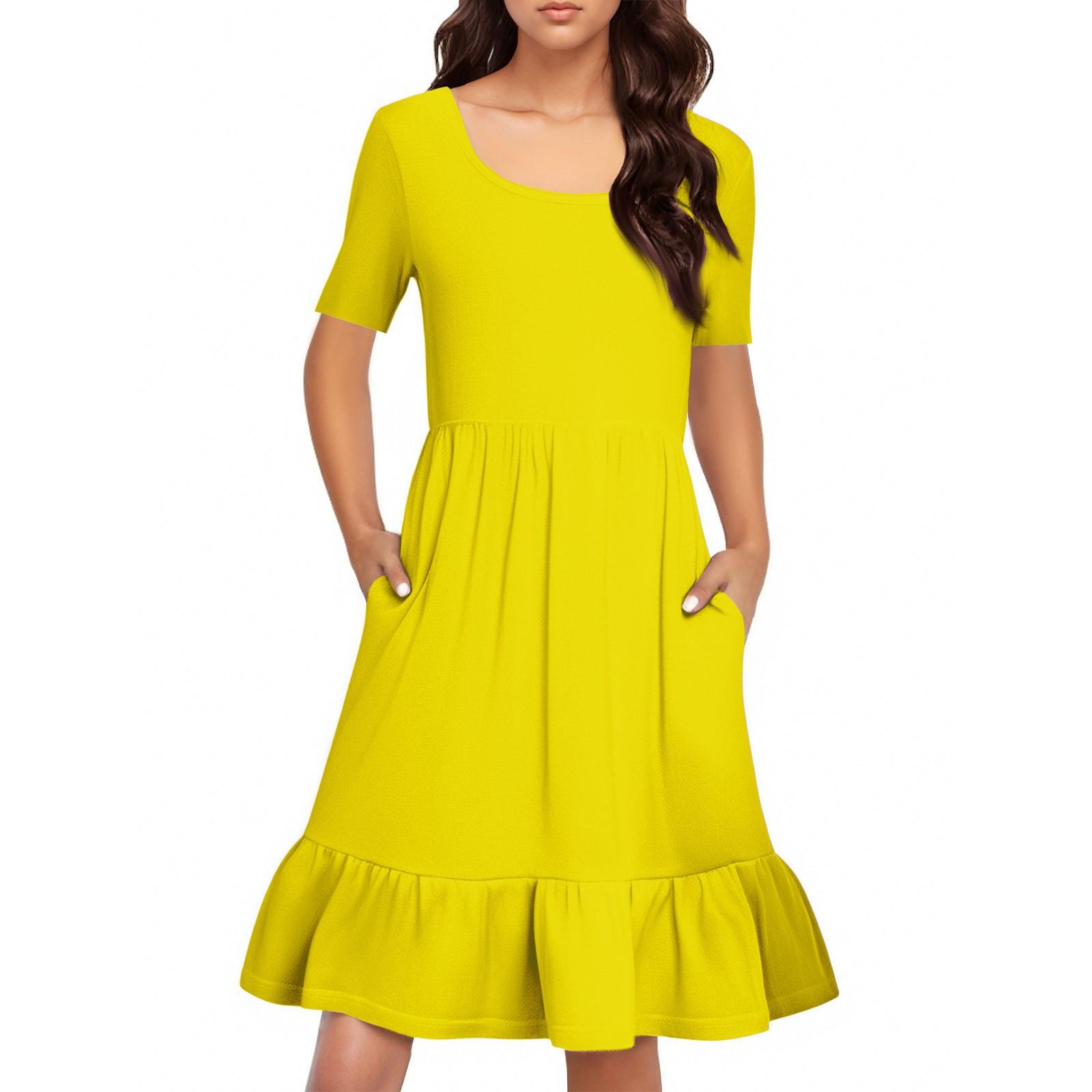 

Женское повседневное платье с круглым вырезом и короткими рукавами, однотонное свободное платье с плиссировкой на талии XL жёлтый