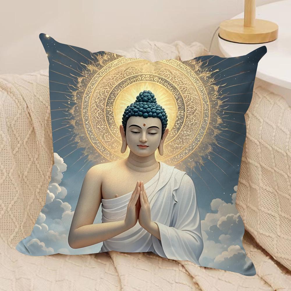Buddha Statue And Lotus Cushion Cover Silky Short Plush Sofa Pillow Cover Hidden Zipper Soft Dustproof Case For Home Decor