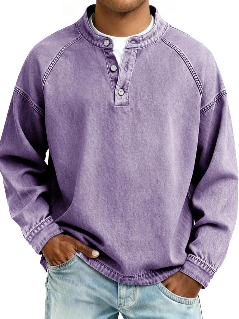 Men S Vintage Washed Stand Collar Long Sleeve Loose Solid Color Sweatshirt