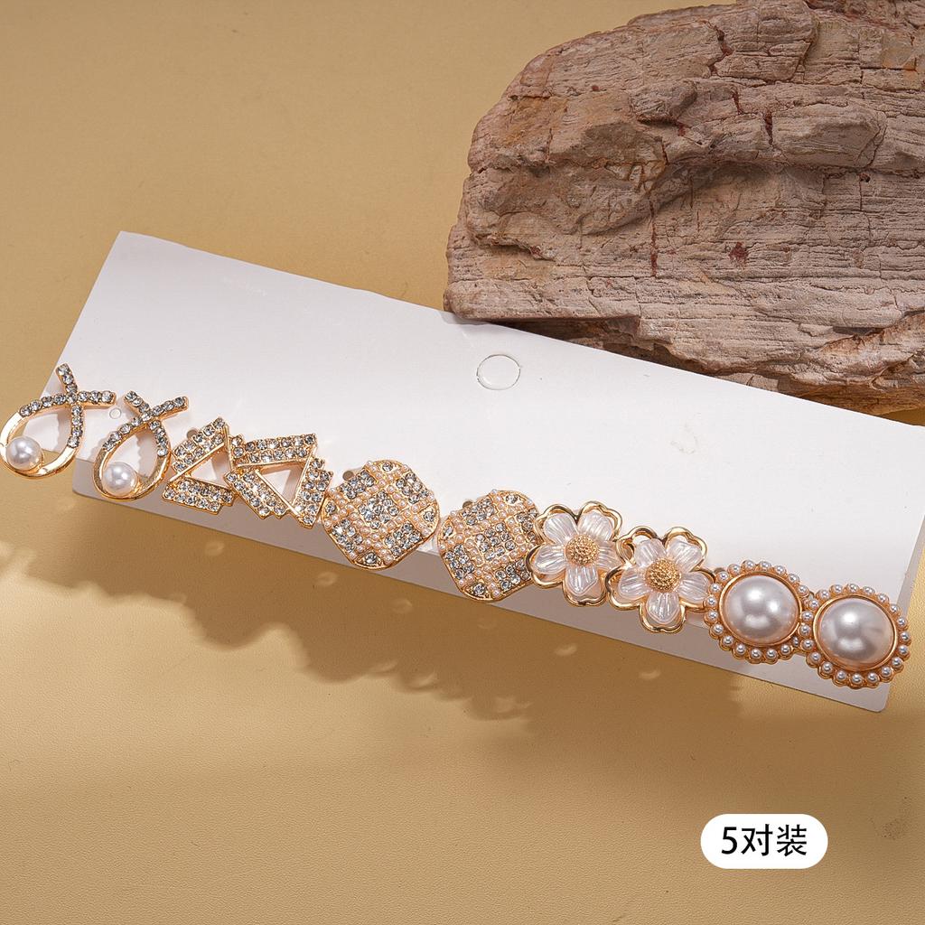 Ten-piece Set of Imitation Pearl Diamond Flower Silver Needle Earrings Exquisite Elegant Retro Earrings