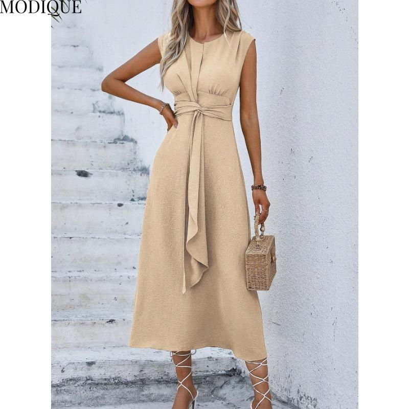 MODIQUE 2025 Summer Plus Size New Women's Casual Solid Color Off Shoulder Elastic Waist Sleeveless O-Neck Long Dress