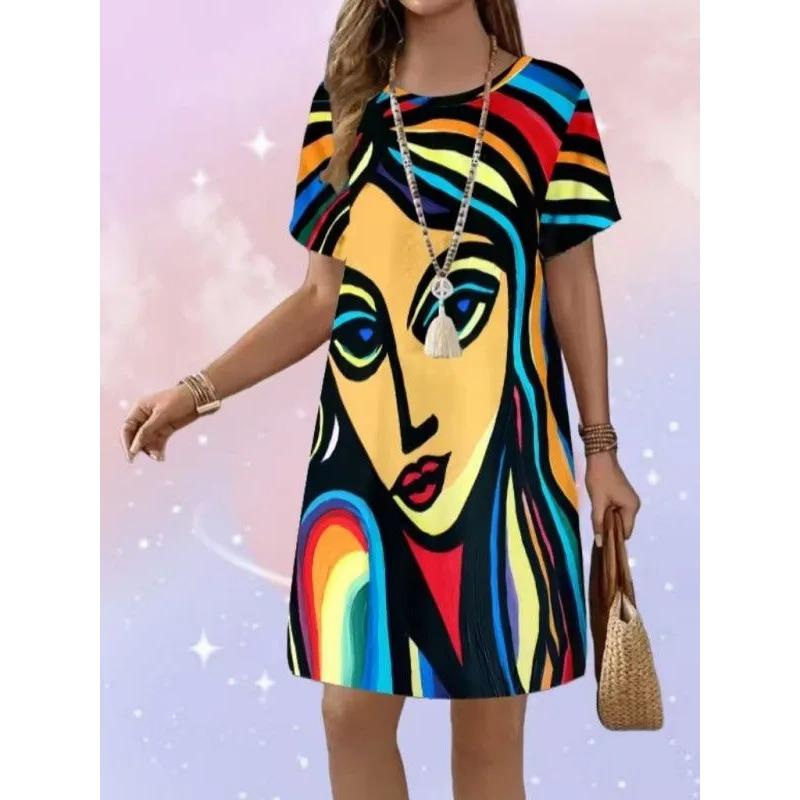 Summer Ladies 3D Printed Short Sleeve Dress Fashion Versatile Trend Breathable Casual