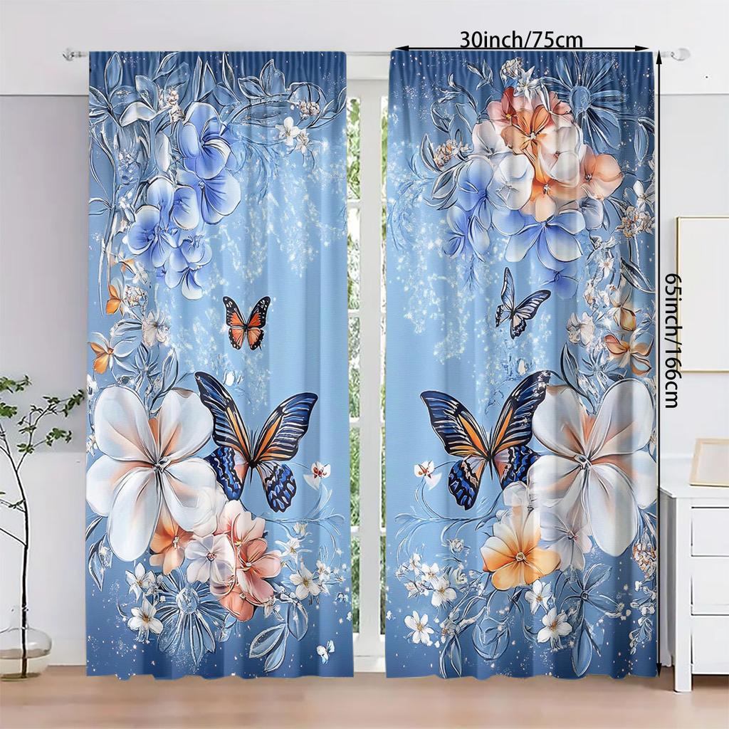 Two Pieces Made of Polyester Material, Featuring High-Definition Digital Floral And Butterfly Patterns, Light-Filtering Curtains