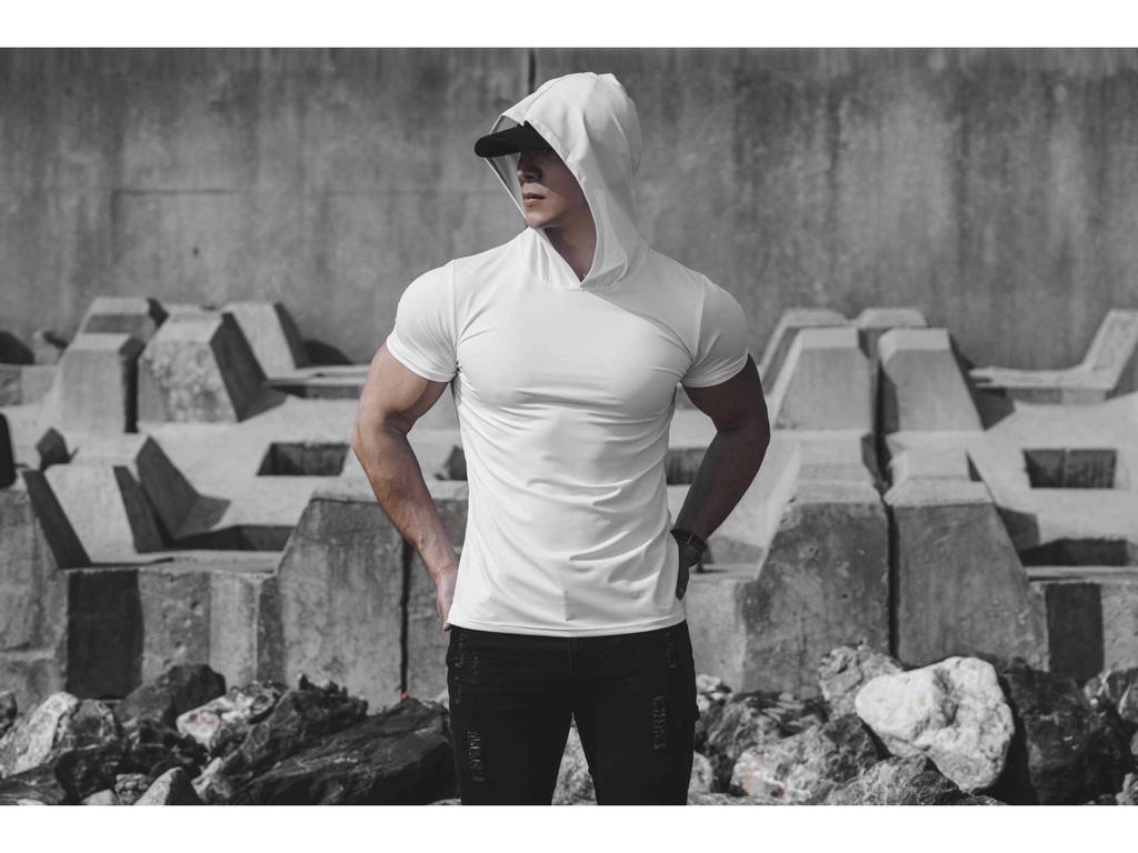 Męska koszulka z krótkim rękawem, szybkoschnąca, elastyczna, z kapturem, o dopasowanym kroju, do biegania i treningów