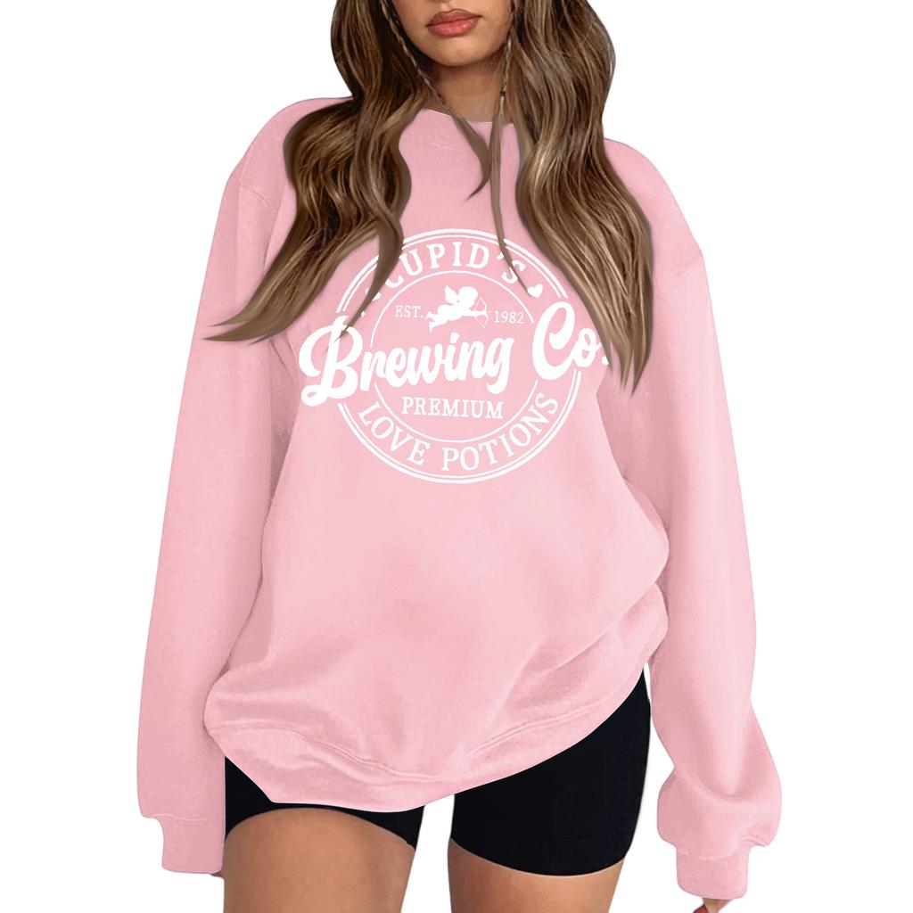 Women's Fashion Round Neck Long Sleeve Solid Color Valentine's Day Letter Top Sweatshirt