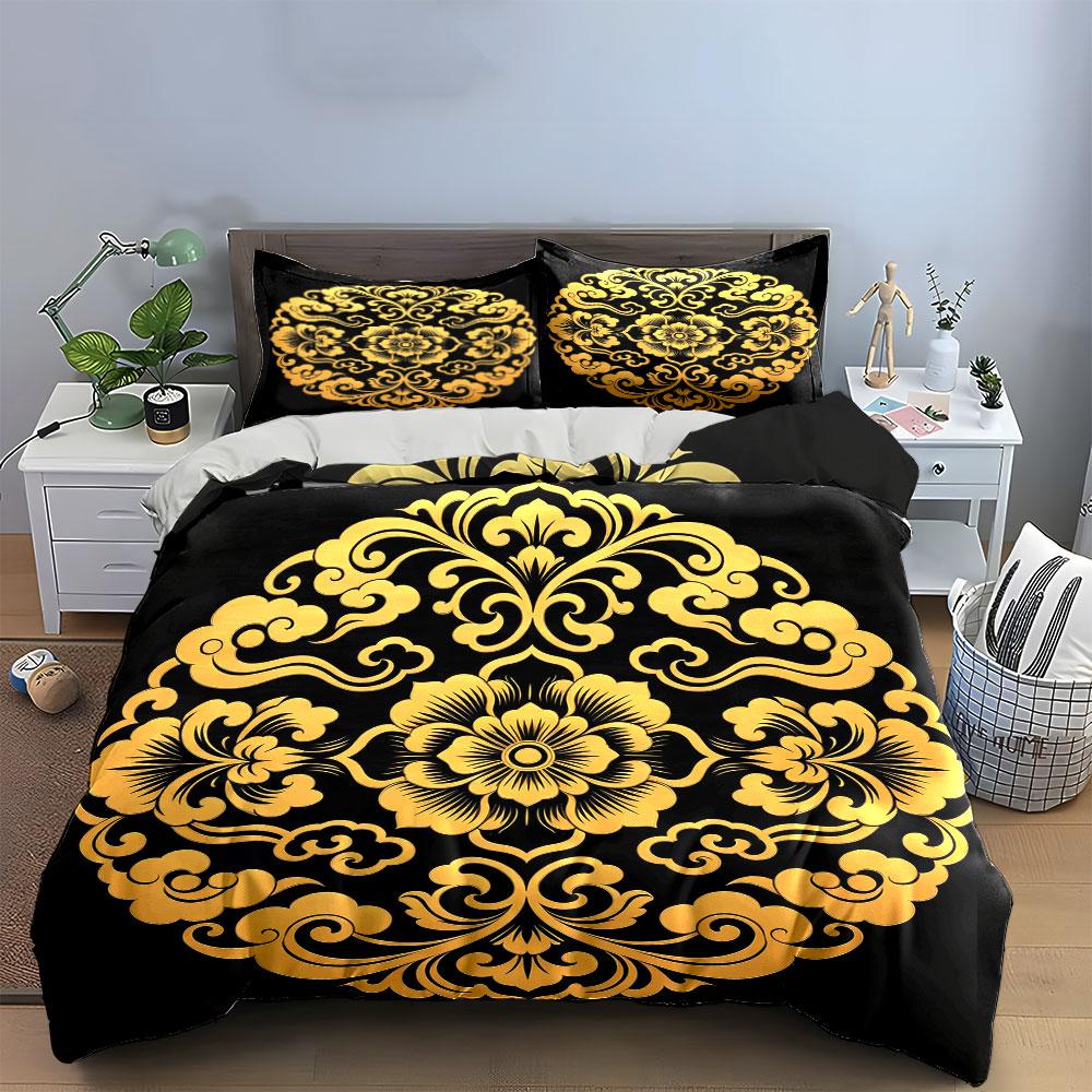 Luxury Golden Pattern Decoration Set Soft Comfortable Duvet Cover Bedding Set Included 1*Duvet Cover & 2*Pillowcases, Gift