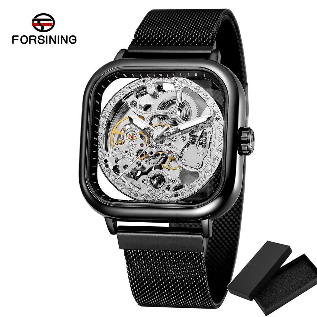 Fashion Forsining Top Men Mechanical Watches Automatic Self-wind Golden Transparent Mesh Steel Wristwatch For Man Male Hour