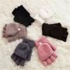 Girls Coral Velvet Flip Cover Half Finger Winter Hand Warmer Mittens Clamshell Gloves Flip Half