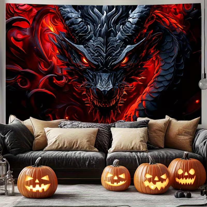 2D Flaming Dragon Head Tapestry Gothic Fantasy Background Cloth