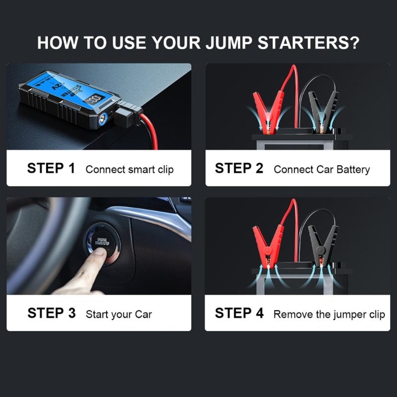 Vehicle Jump Pack with 5 V/2 A Input and Output, LCD Battery Readout, 12 V Starting Support, and Steady, Flashing, and Emergency Light Modes