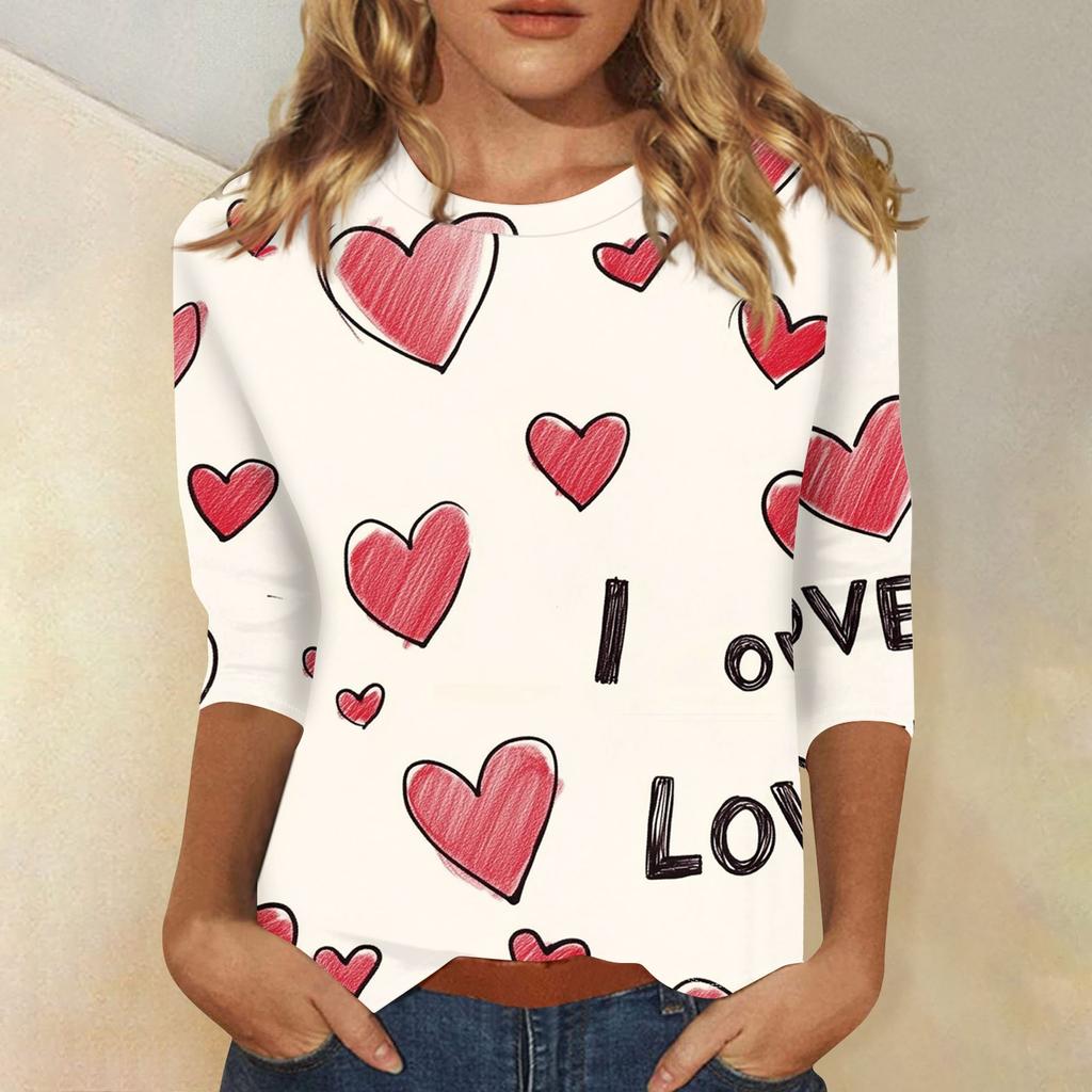 Women's Fashion Casual Round Neck Valentine's Day Love Heart Printed Three-quarter Sleeve T-shirt Top