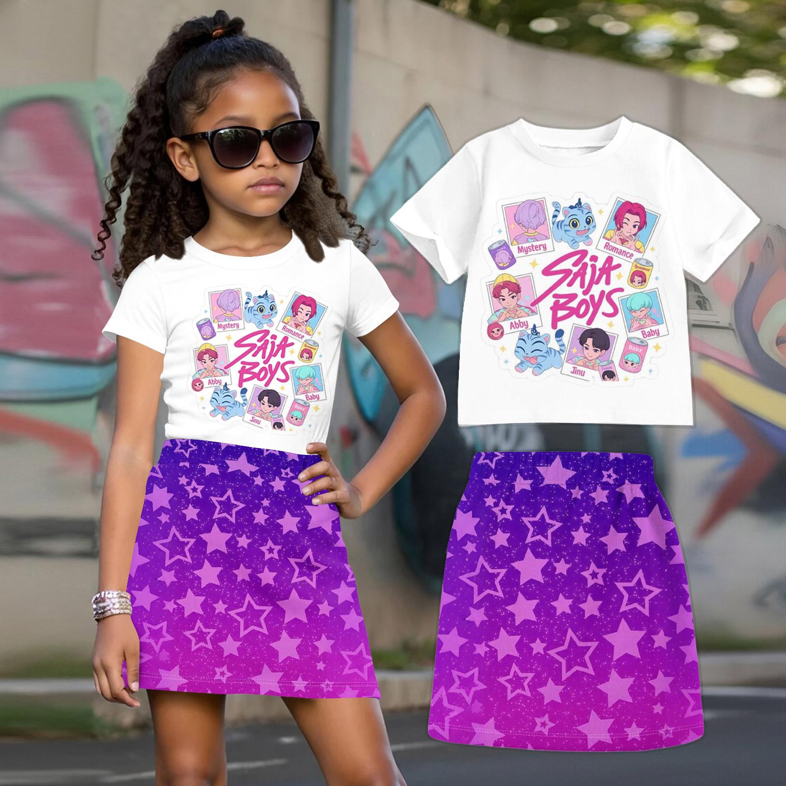 Детский свободный повседневный модный комплект из топа с коротким рукавом и круглым вырезом с принтом  Ведьма  + Короткая юбка 100 бежевый