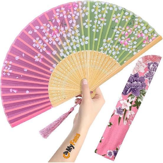 Hand Fan for Women Foldable - Folding Chinese Japanese Vintage Bamboo Silk Fan - Ideal for Hot Flashes, Church, EDM, Festivals, Dancing and Gifts