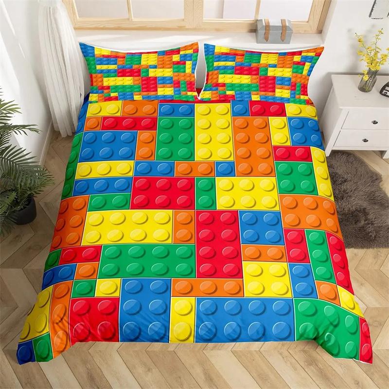 Colorful Toy King Queen Duvet Cover 3D Building Block Pattern Bedding Collection Fun Brick Quilt Cover Gradient Rainbow Comforter Cover