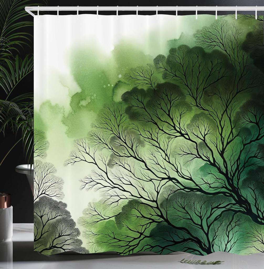 Sage Green Shower Curtain, Hexagon Honeycomb Pattern with Abstract Trippy Ornaments Jade Tones, Cloth Fabric Bathroom Decor Set