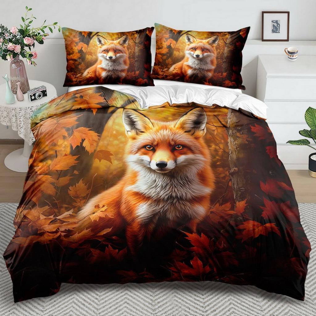 3pcs Enchanting Fox 3D Printed Beding Set Cozy Comfortable Soft Duvet Cover King Quen Twin Sized Dimensions Birthday Gift Bedrom Decoration