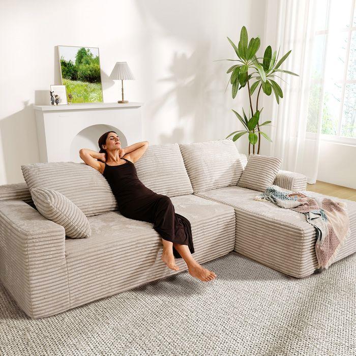Right corner sofa 263x171x 59cm, free combination, without assembly 4-seater L-shaped sofa with beige corduroy chaise longue