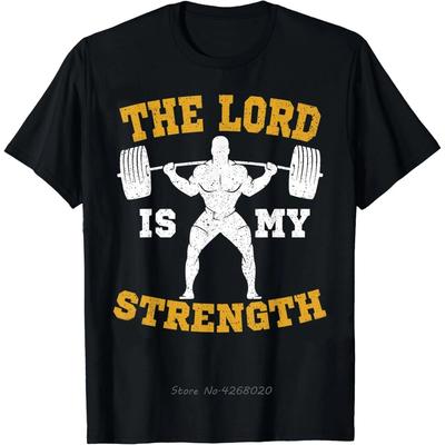 Jesus Workout The Lord Is My Strength Christian Gym T-Shirt Vintage Cotton Tshirt Funny Print Men's Clothing Fitness T Shirt