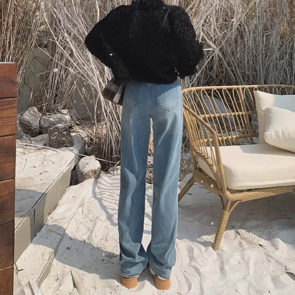 Women's High-Waist Wide-Leg Jeans with Velvet Lining - Autumn/Winter Slim Fit, Thick, and Warm Straight Trousers