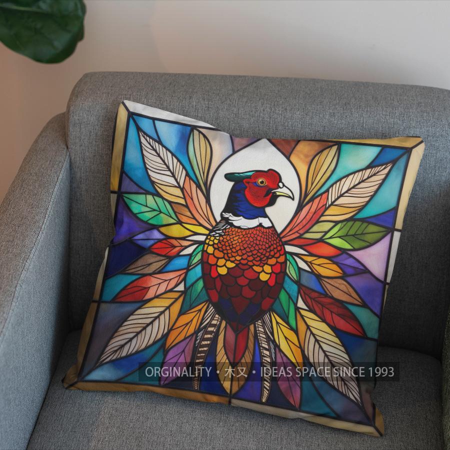 2D Stained Glass Pheasant-Patterned Decorative Pillow Pattern Cushion Cover Suitable For Sofa Bedroom Car Pillow Cover