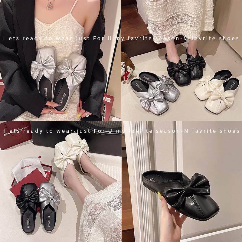 Baotou Half Slippers Women's Summer Wear New Bow Soft Bottom with Skirt Square Head Lazy Muller Cool Slippers
