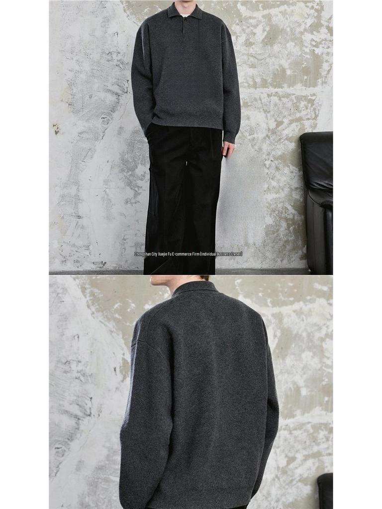 Men’s 2024 Winter Grey Sweater: Old Money Style, Thick Knit, Small Turn-Down Collar.