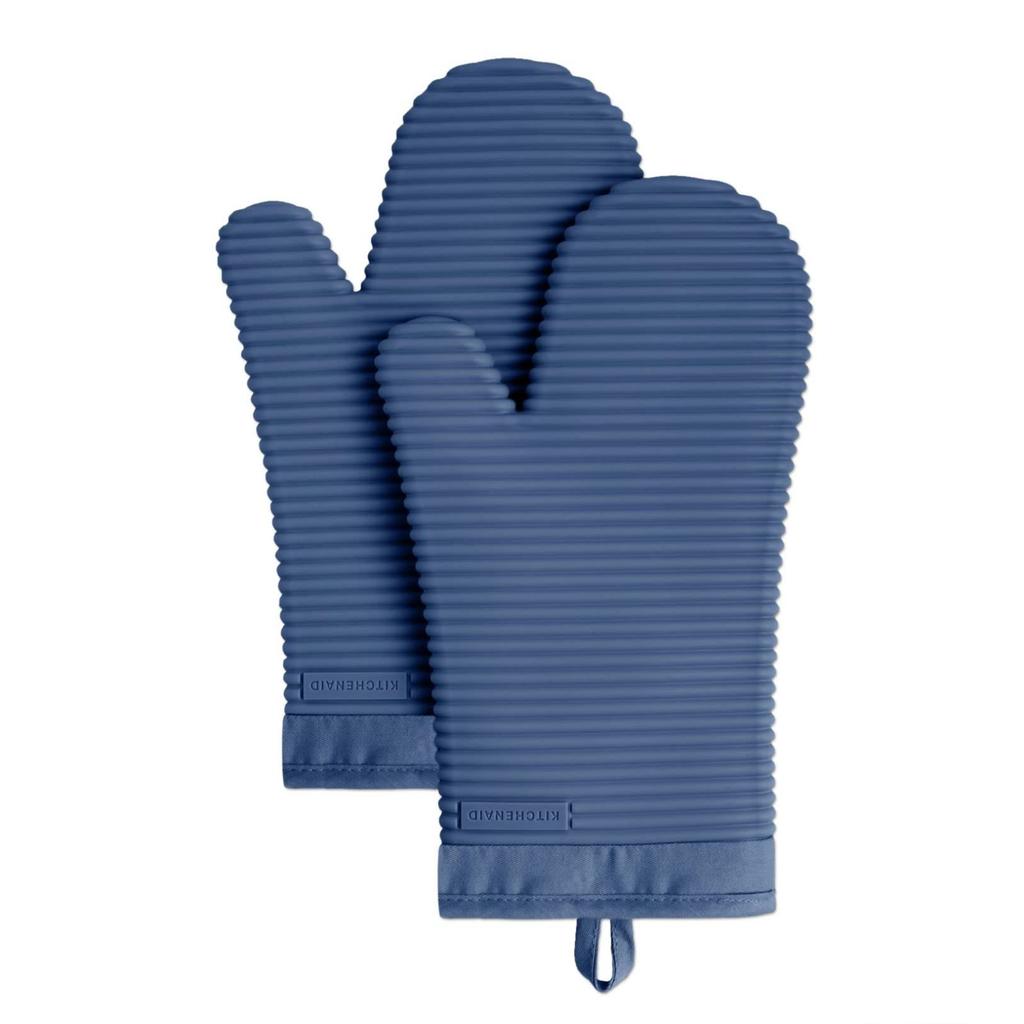 Ribbed Soft Silicone Oven Mitt Set, Blue Willow 2 Count , 7.5"x13"