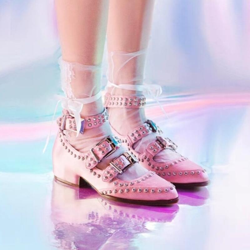 Fashion New Style Round Toe Riveted High Heels Women's Thick Heels Ankle Frenulum Microfiber/Satin Fashion Pearl  Ladies Large Size 43