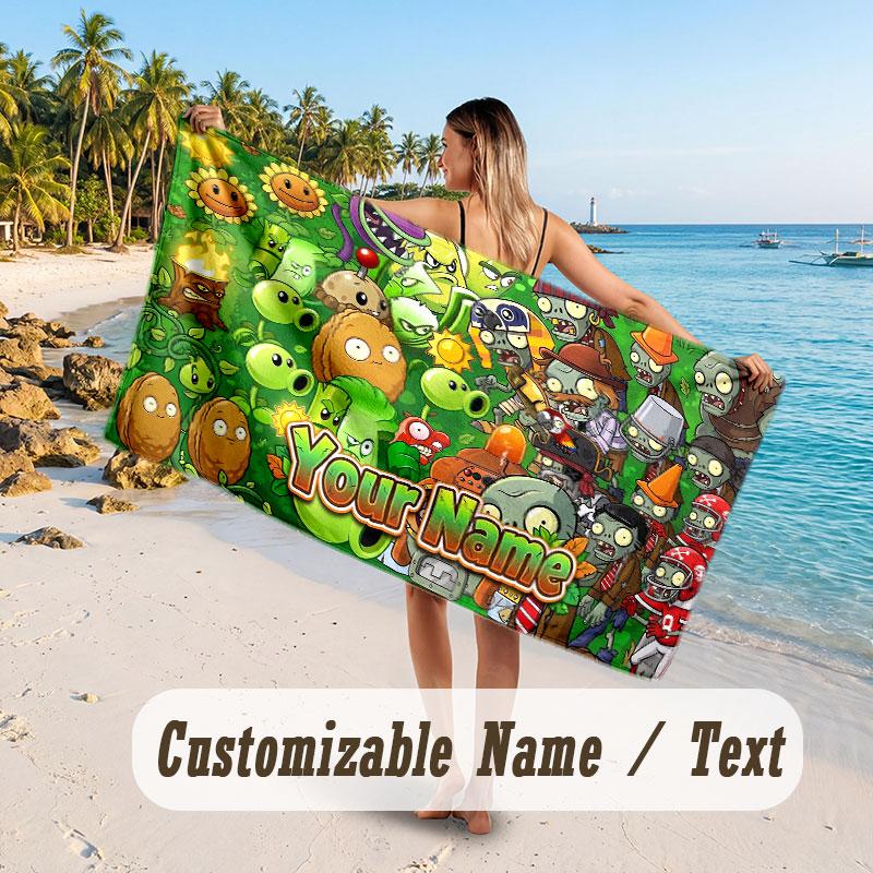 Personalized Beach Towel,Plants Vs. Zombie Custom Printed Name Text, Super Absorbent Towel For Beach Vacation