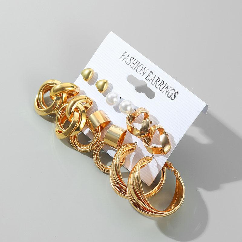 Women's Earrings Set 6 Pairs Assorted Gold Hoop Studs Ear Cuffs Pearl Drop Geometric Statement Party Jewelry