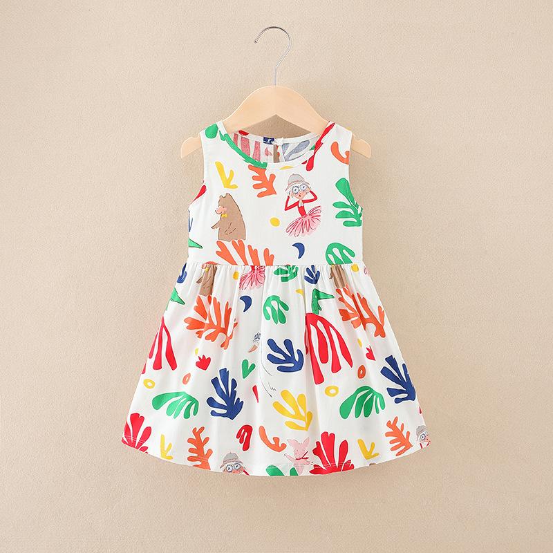 Girls Cotton Sleeveless A Line Dress Spring Summer Cartoon Print Princess Dress For Little Kids 90cm