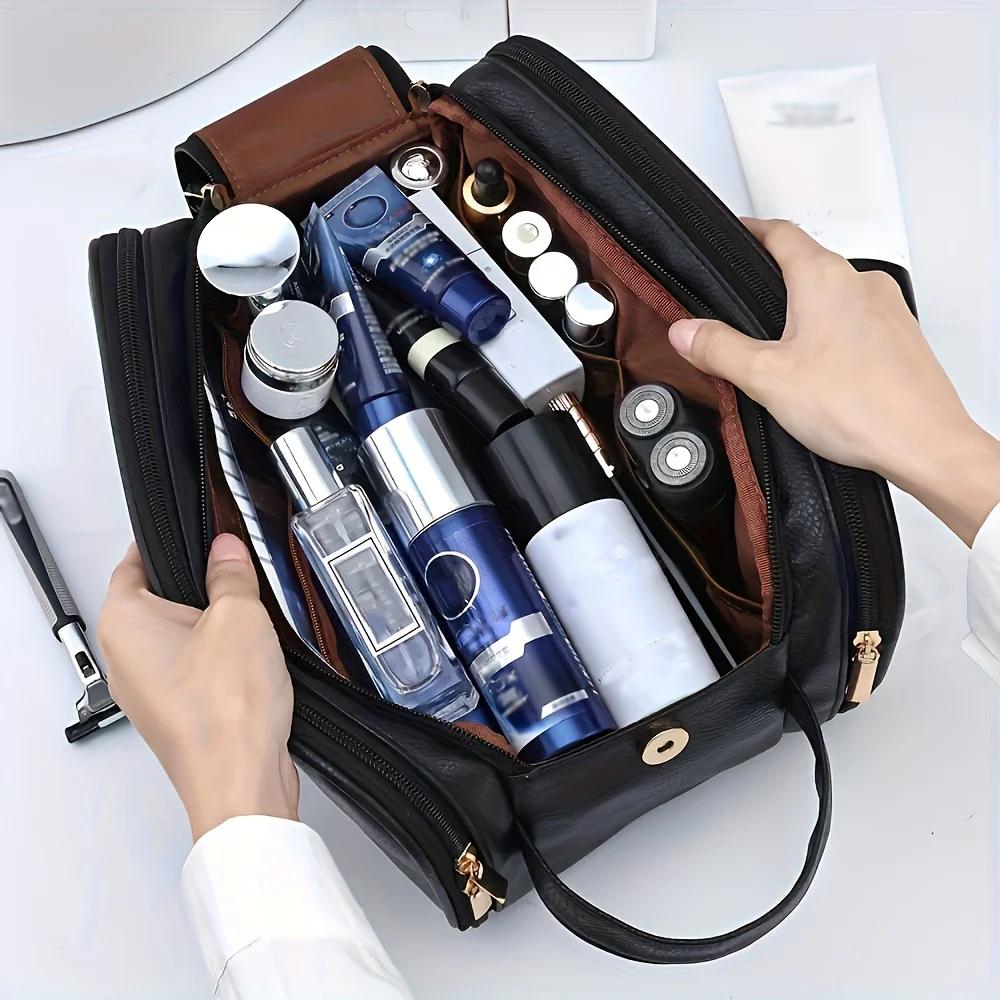 Leather Large Capacity Travel Cosmetic Bag Portable Women Makeup Case Waterproof Multifunctional Toiletry Organizer Storage Bag