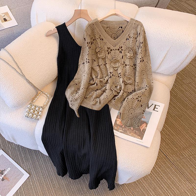 Plus Size Spring Set: Red Knitted Sweater & Dress