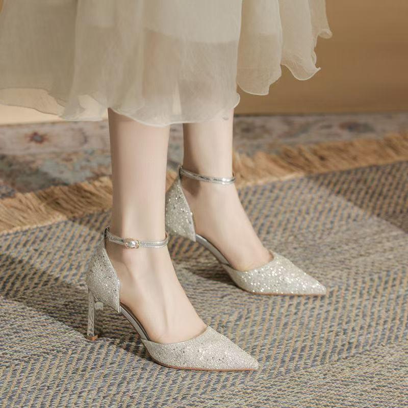 Fashion Women's Party Heel Shoes Summer New Pointy Shallow-cut Sequin Beaded Anti-slip and Wear-resistant High Heels
