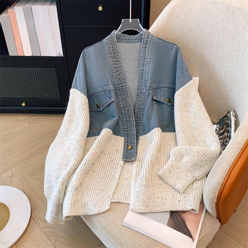 

Dimanaf 2025 Осень Новая Куртка Женская Кофта Пальто Пэчворк Утепленное Пальто Кардиган Вязание Карманы Свитер one size