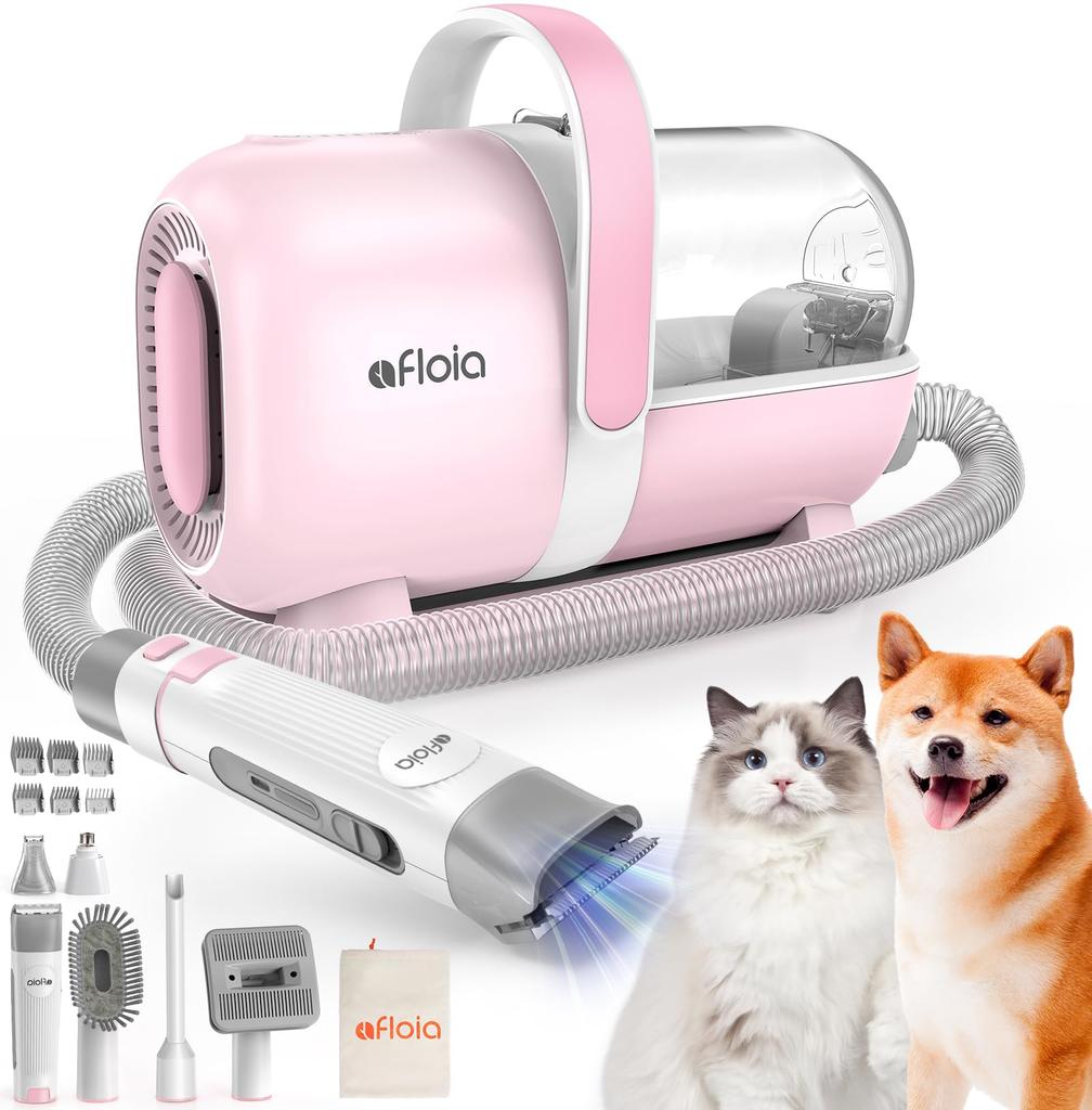 Afloia Dog Pet Clipper Set for Shedding Grooming Kit for Dogs and Pet Grooming Vacuum Cleaner with Large Low and 3 Suction Pink 6-in-1 Clippers,
