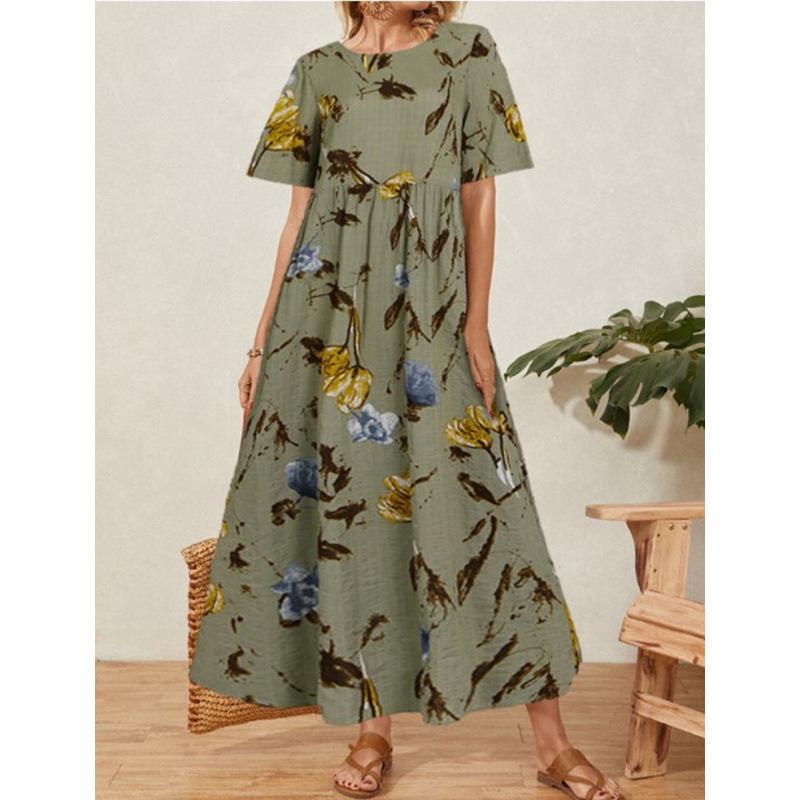 2025 summer ethnic style retro printing round neck short sleeve large size loose long dress cotton and linen S зелёный