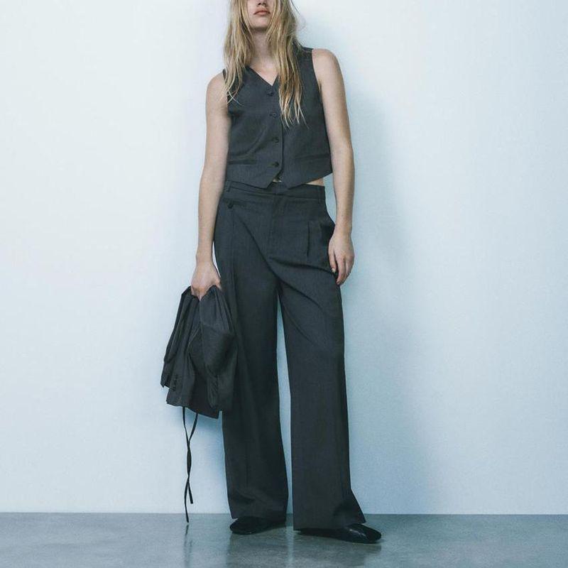 Fall and Winter Pinstripe Sleeveless Suit Vest 4749884 Minimalist Easiest for Match High Waist Wide Leg Pleated Pants 1255539