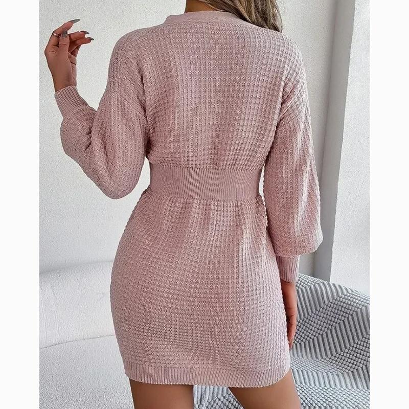 Módne pletené Twist Lucerna Rukáv Sveter Šaty s výstrihom do V, Gombík Elegantné spoločenské dámske šaty Zimné Slim Fit Jednofarebné úpletové šaty 29891