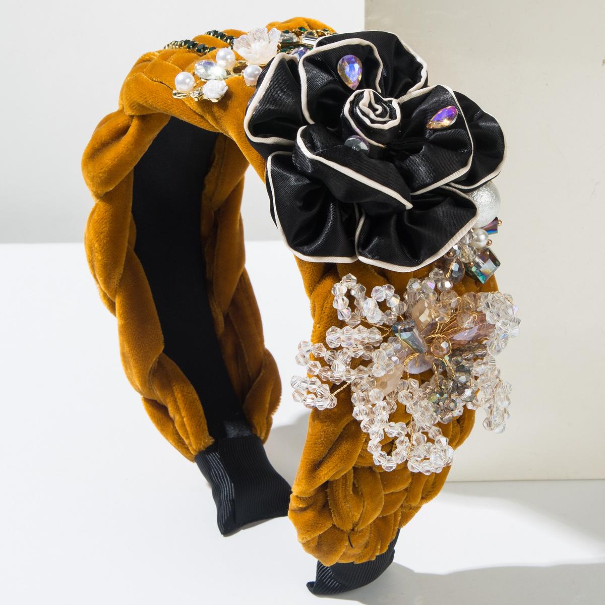 

Бархатные плетеные повязки на голову Цветок Листья Бусины Бусины Бриллиантовая отделка Аксессуары для волос Женская вечеринка Повязка на голову Обруч для волос Головной убор